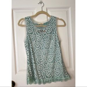 Teal Floral Lace Tank Top with Crystal Detailing